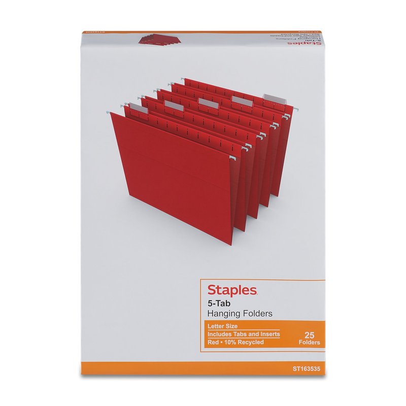 Red Hanging File Folders with 5-Tab Repositionable Labeling - Letter Size, 50 Pack