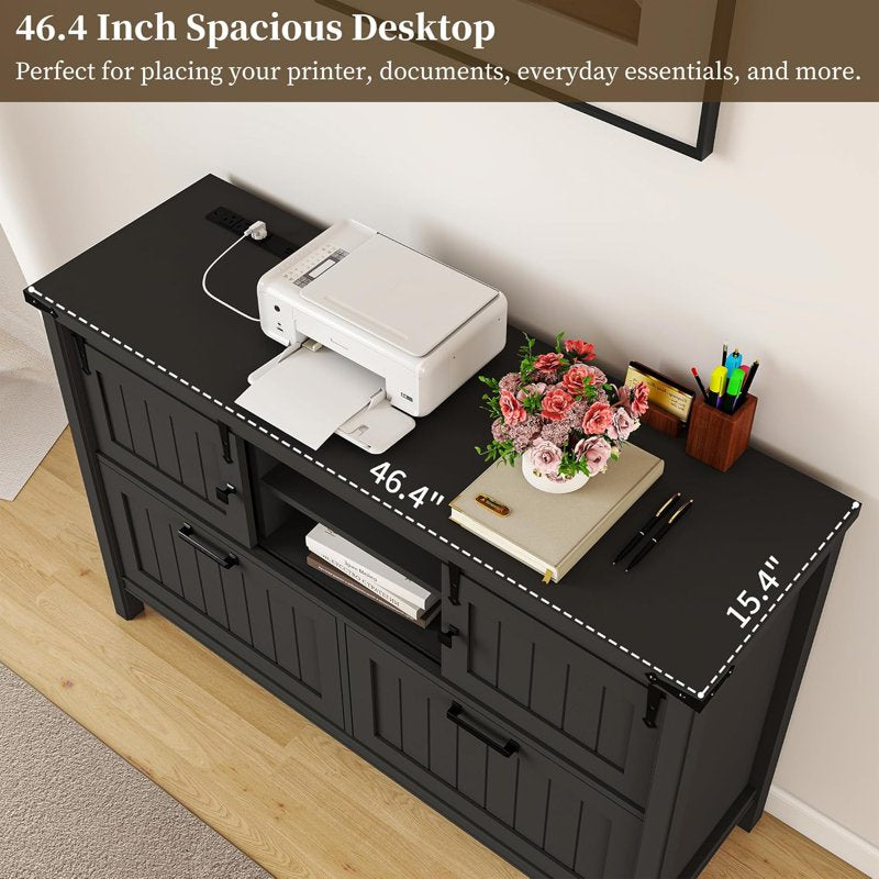 Farmhouse 2-Drawer Lateral File Cabinet with Sliding Doors & Charge Station