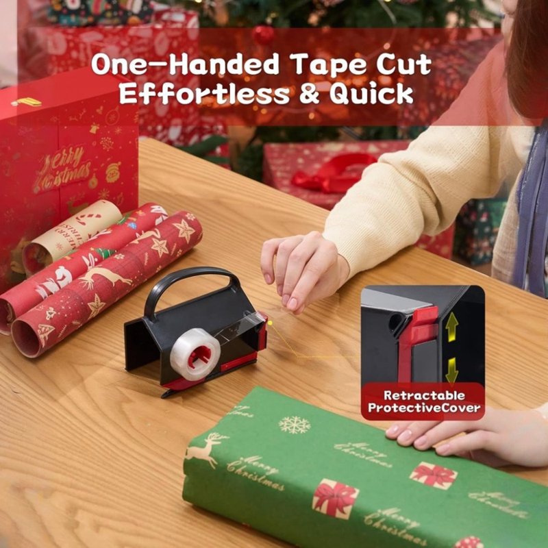 Wrapping Paper Cutter & Tape Dispenser Set - Safe, Easy Gift Wrap Tool with 4 Tapes & 2 Blades