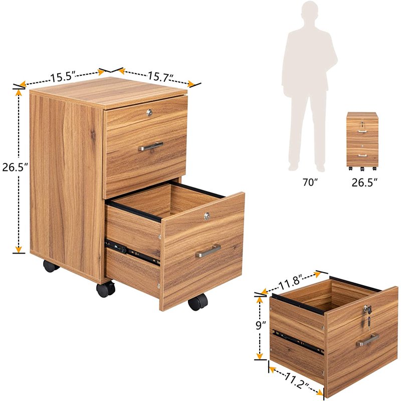 Rolling File Cabinet with Lock - 2 Drawer Wooden Mobile Storage for Office