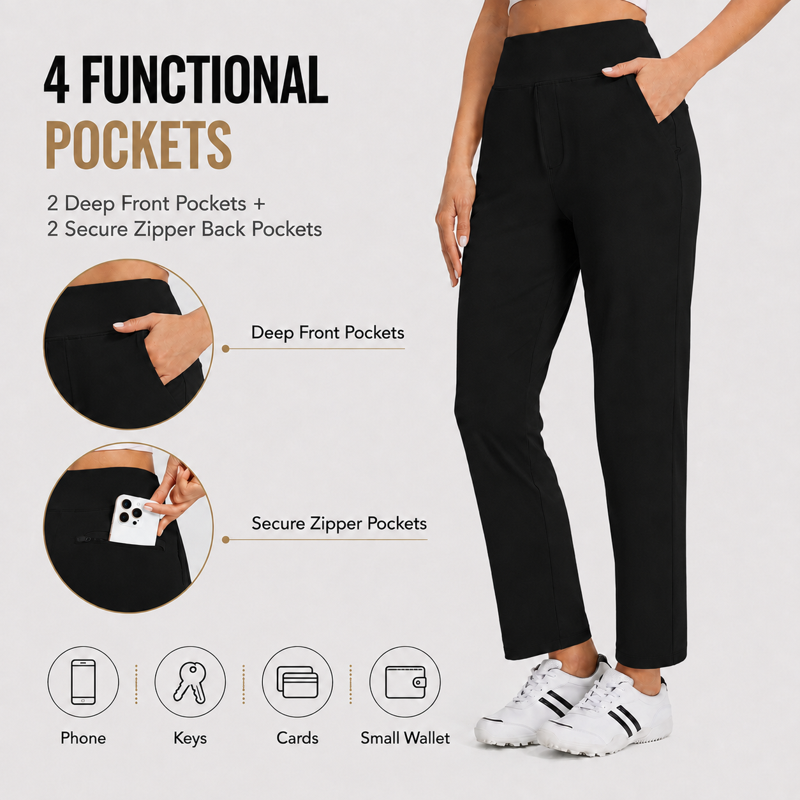 Women's High-Waisted Stretch Casual Pants with Pockets - Lightweight Work & Travel Pants