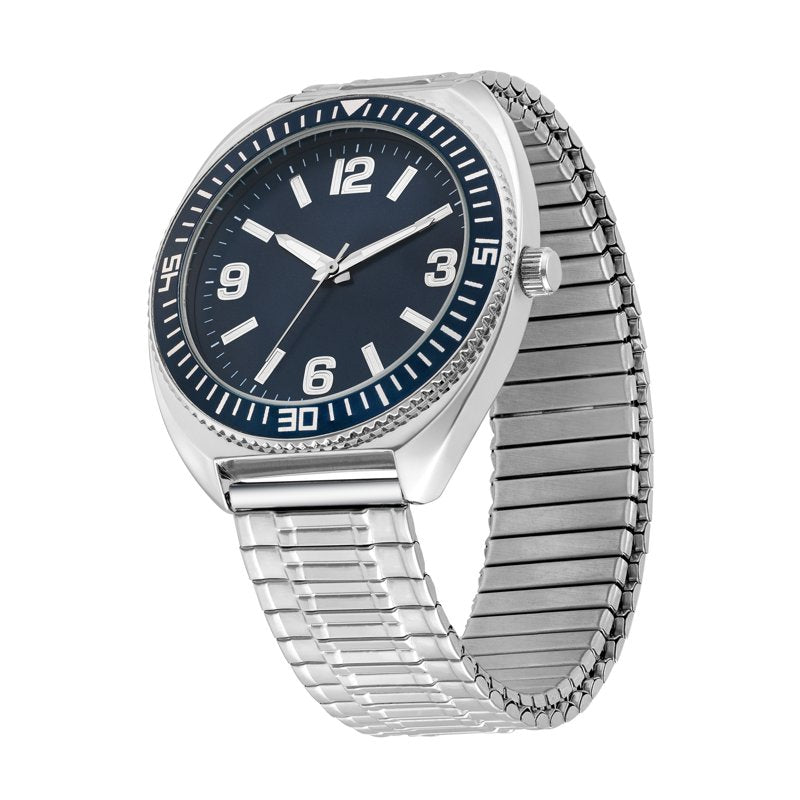 Men's Silver-Tone Expansion Strap Wristwatch with Blue Dial