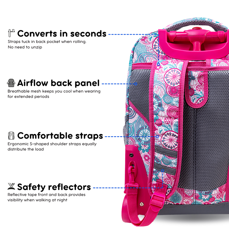 Girls 18-Inch Rolling Backpack for School and Travel - Multiple Colors