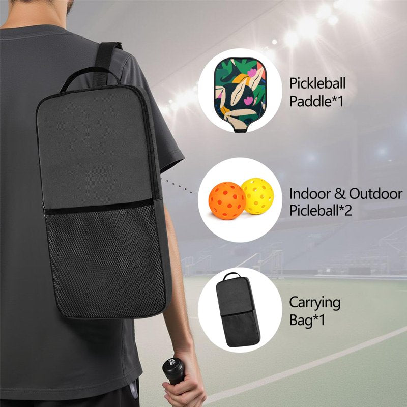 Tropical Leaf Print Pickleball Paddle Set - Fiberglass Surface, 1 Paddle, 2 Balls & Bag - Variation: Black