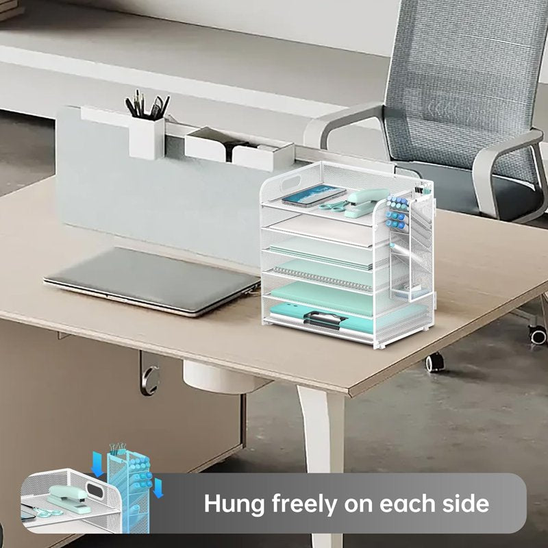 6-Tier Desktop File Organizer with 4 Pen Holders and Handle, White