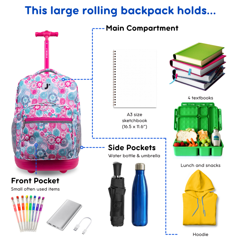 Girls 18-Inch Rolling Backpack for School and Travel - Multiple Colors