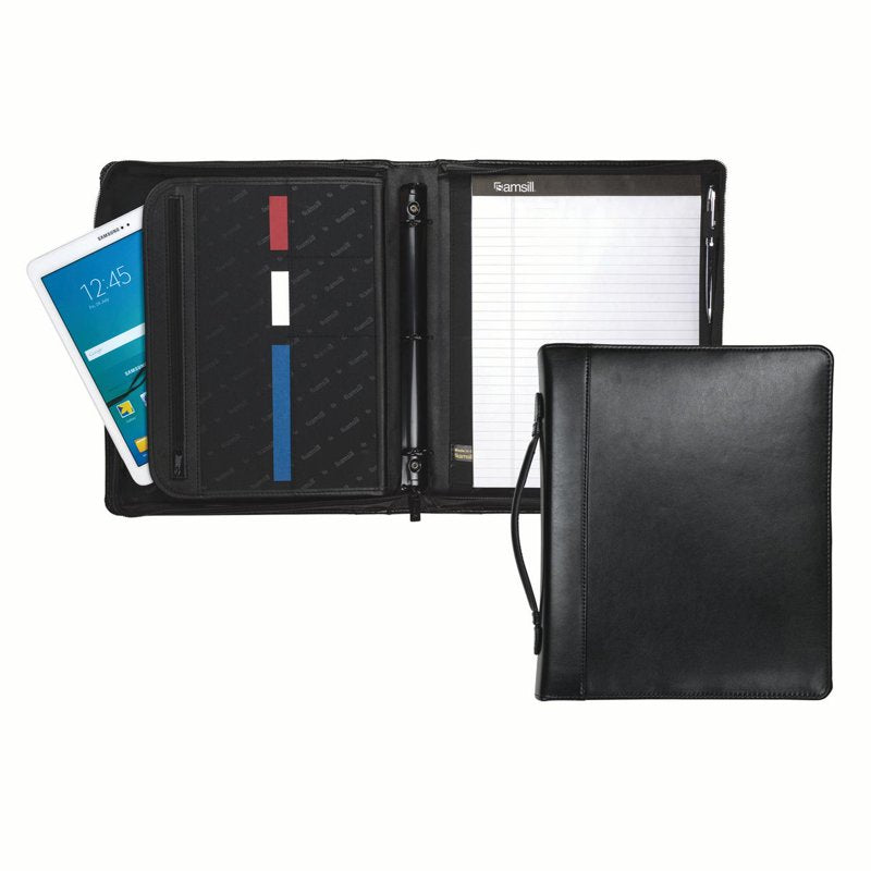 Leather Zipper Binder Portfolio with Ring Organizer - Black, 1.5 Inch Rings