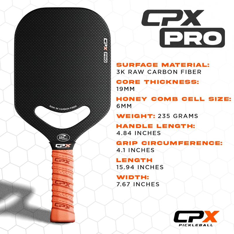 Pro Carbon Fiber Pickleball Paddle - 19mm Honeycomb Core, Edgeless, USA Designed