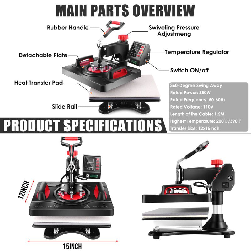 5-in-1 Heat Press Machine 15x12 Inch with Digital Control for T-Shirts Mugs Hats