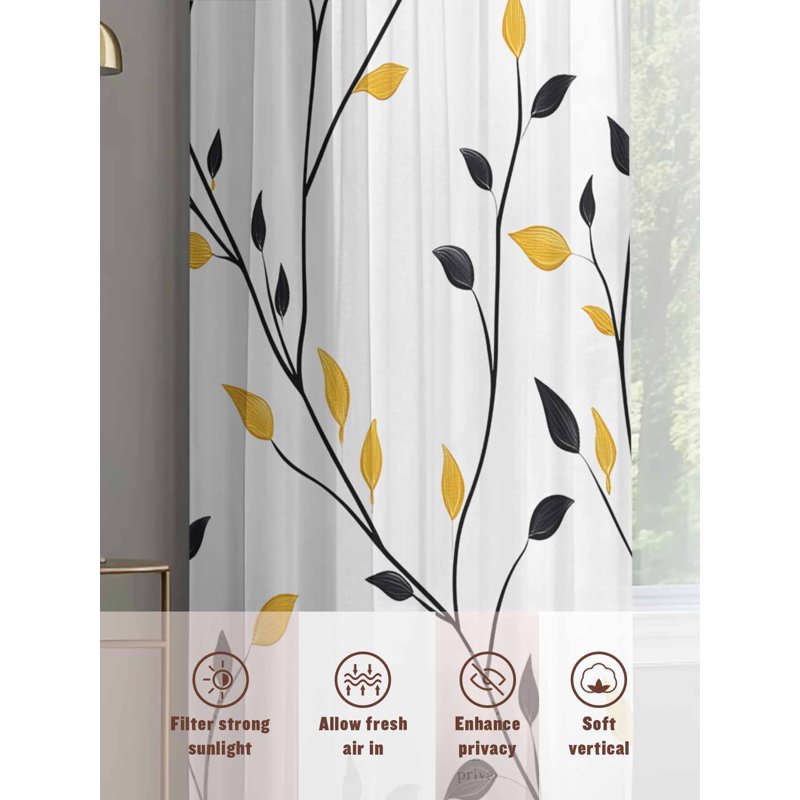 Yellow Black Leaves Sheer Curtains Set - 2 Panels, Multiple Sizes, Rustic Botanical Design