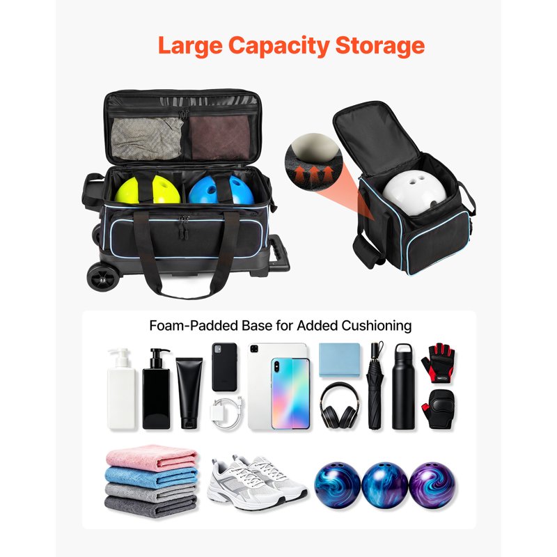 3-Ball Bowling Bag with Wheels, Shoe Compartment & Retractable Handle