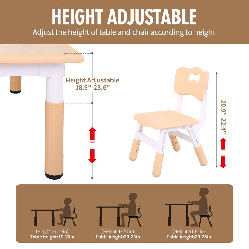 Kids Table and Chair Set with Adjustable Height - Safe Rounded Edges, Easy Wipe Surface