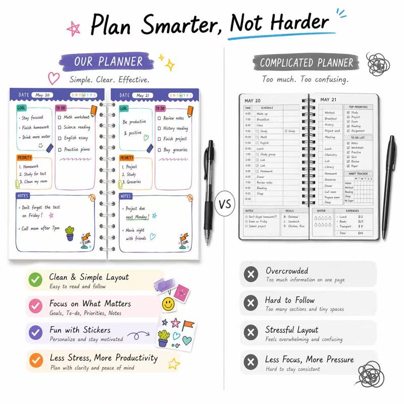 Aesthetic To Do Notebook with Stickers - Undated Daily Planner for Students