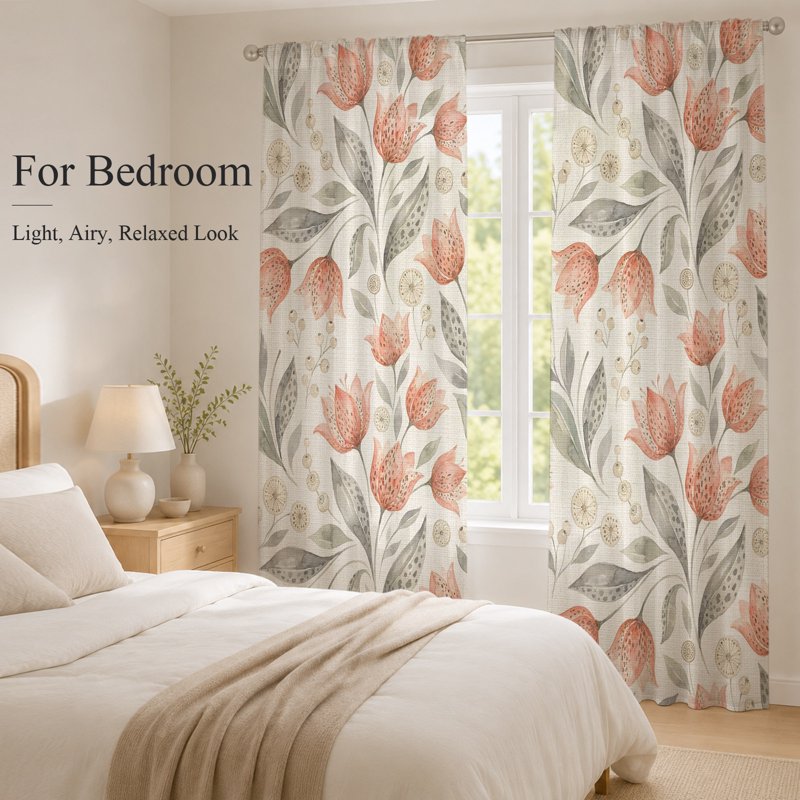 Peach Floral Sheer Curtains Set - 96 Inch Length, Multiple Sizes, Farmhouse Style