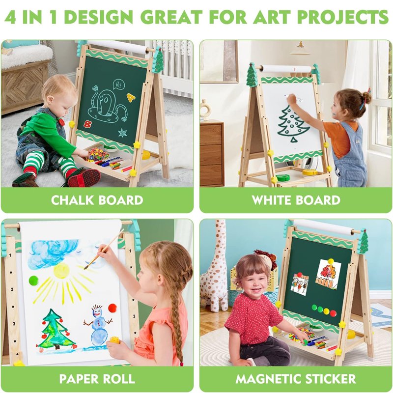 Kids Wooden Art Easel with Paper Roll Double-Sided Adjustable Stand & Accessories
