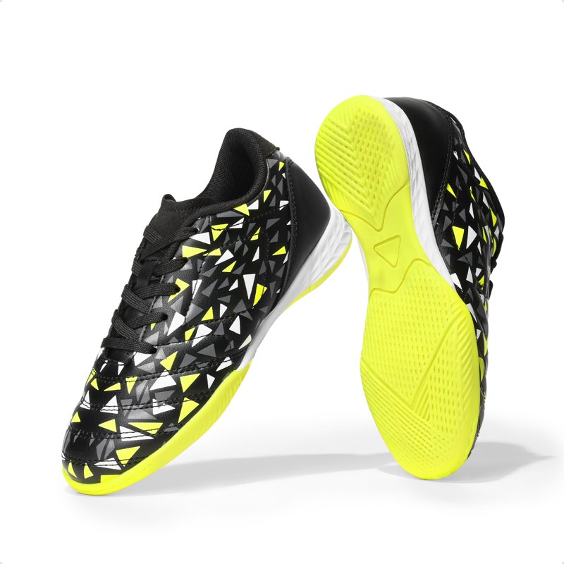 Burudani Kids Indoor Soccer Shoes - Lace-Up Futsal Shoes, Black/Neon/Green, Size US