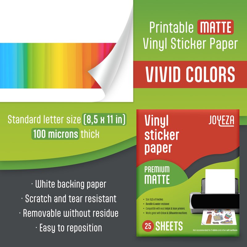 Printable Vinyl Sticker Paper for Inkjet & Laser Printers - White, 8.5x11 Inches, Pack of 25 Sheets