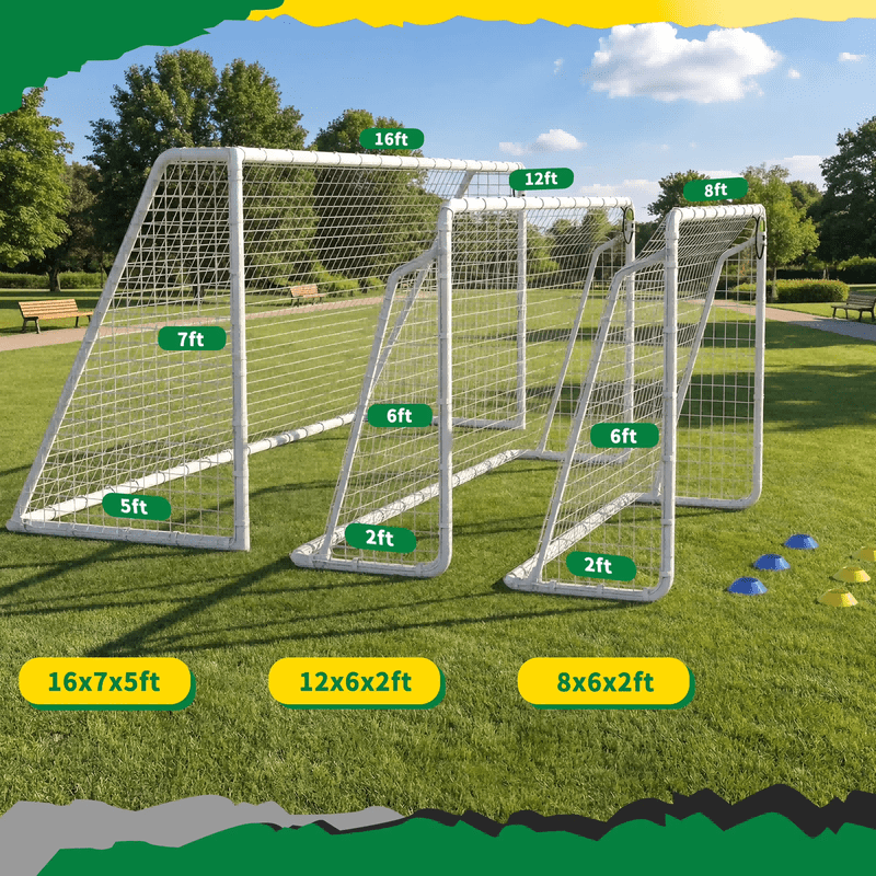 Mersco 16' x 7' Heavy-Duty Soccer Goal Set with Shooting Ring, Stakes & Cones