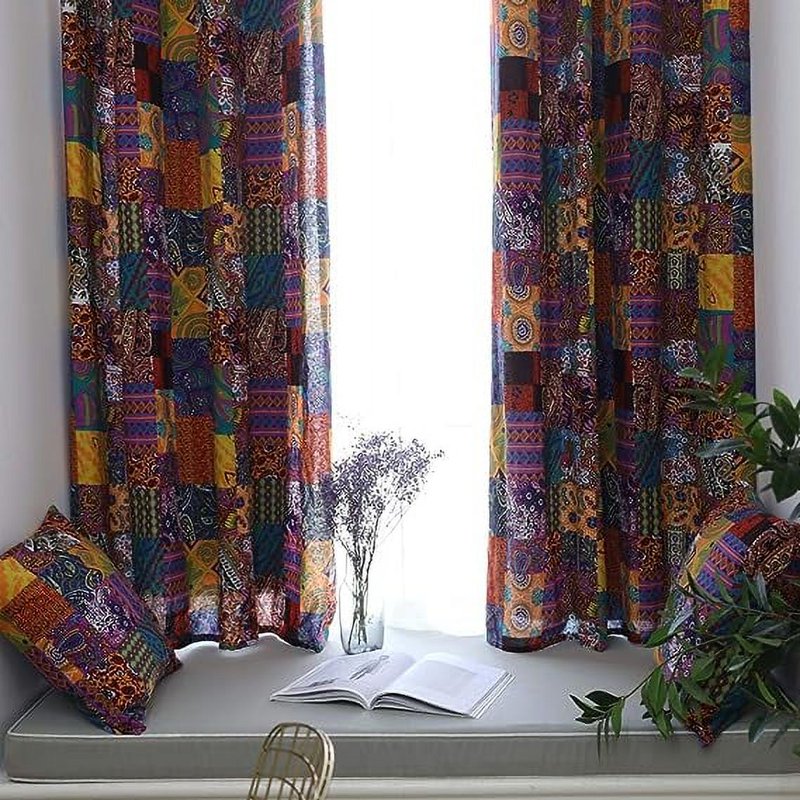Boho Patchwork Cotton Linen Window Curtain Panel 55x63 Room Darkening
