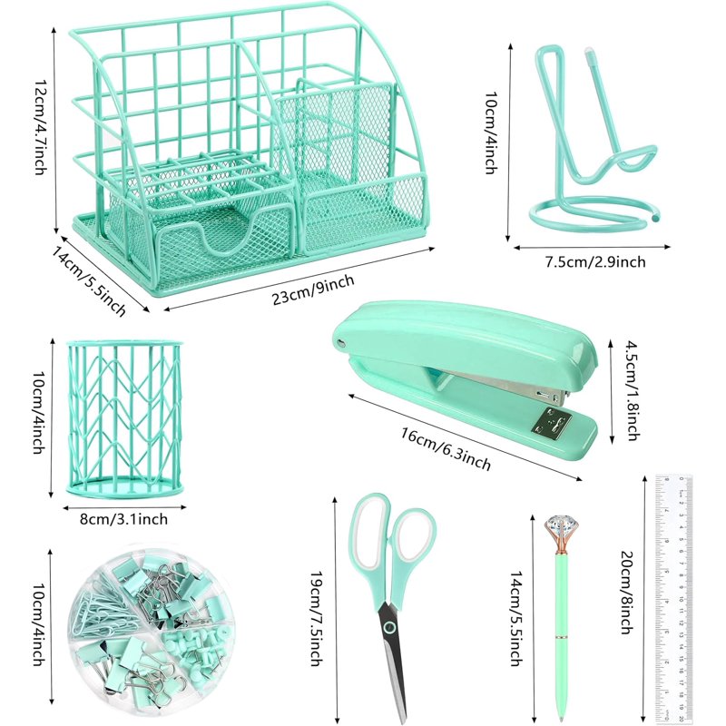 Green Desk Organizer Office Supplies Set with Stapler Pen Holder and Accessories