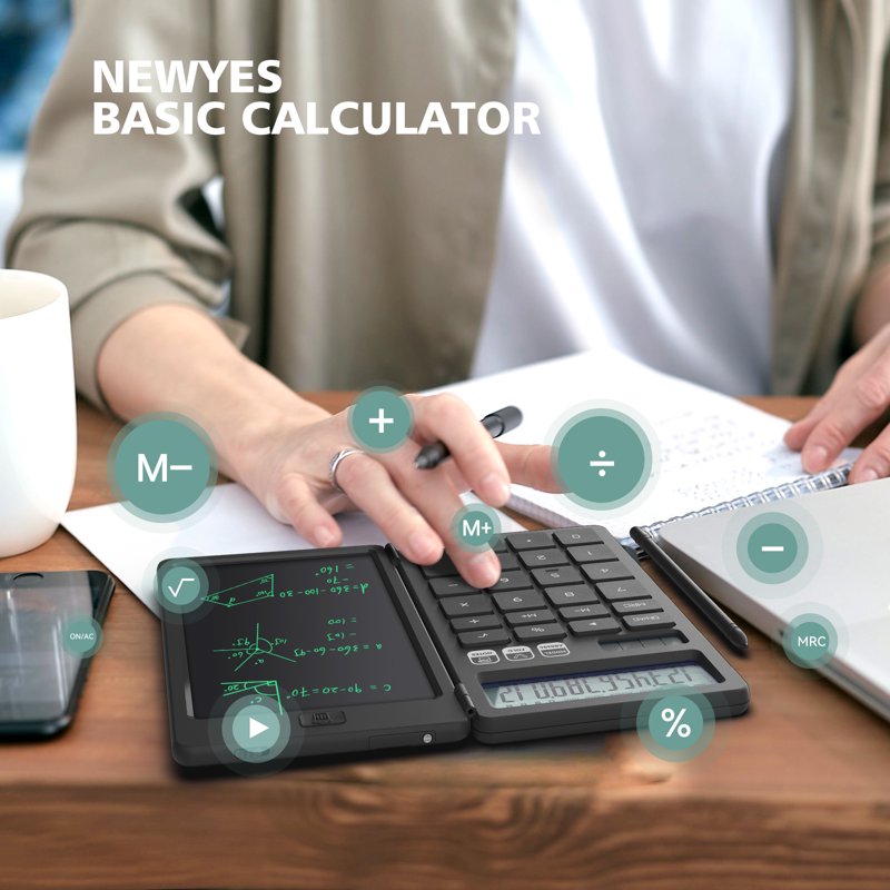 Basic Pocket Calculator with Erasable LCD Notepad for Students, Foldable Portable Design