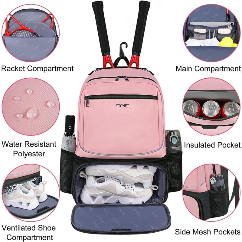 Tennis Backpack with Insulated Pocket & Shoe Compartment - Pink