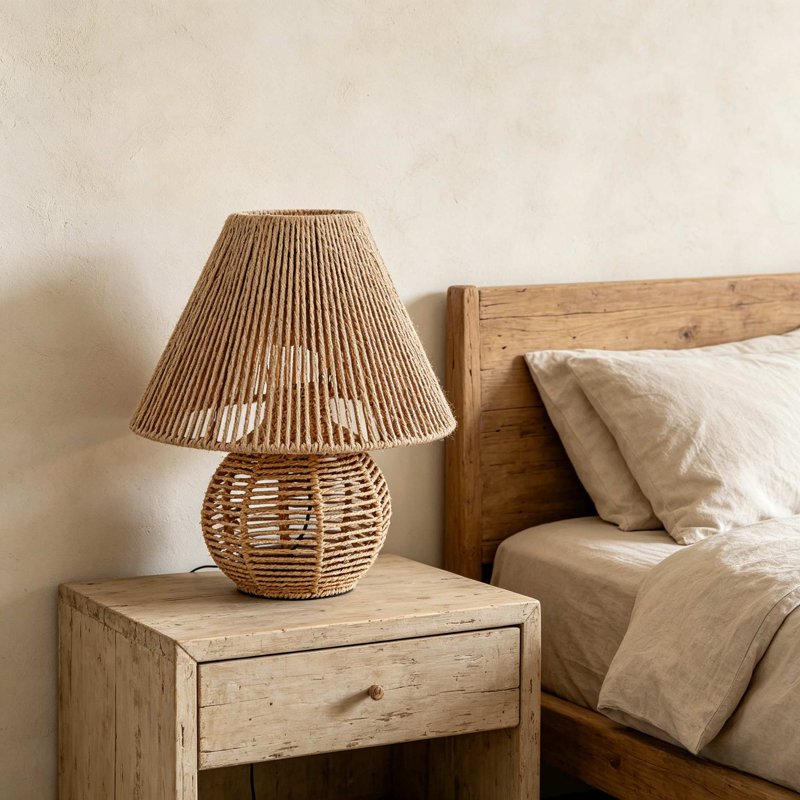 Rattan Table Lamp - Vintage Wicker Boho Nightstand Lamp for Bedroom & Living Room