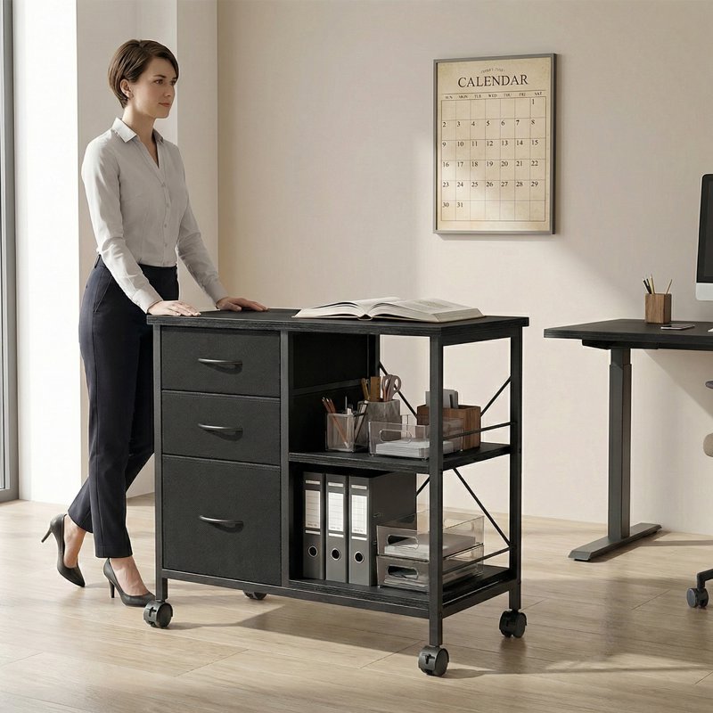 Mobile File Cabinet with 3 Fabric Drawers and Open Shelf - Black, White, Rust