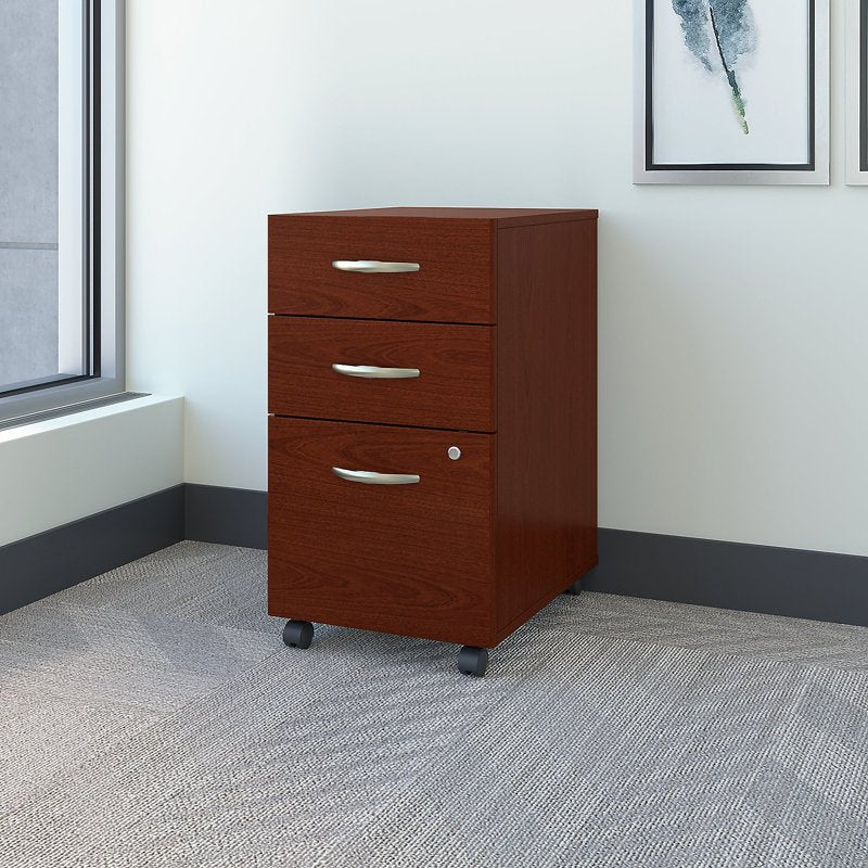 Mahogany 3-Drawer Mobile File Cabinet with Lock & Casters