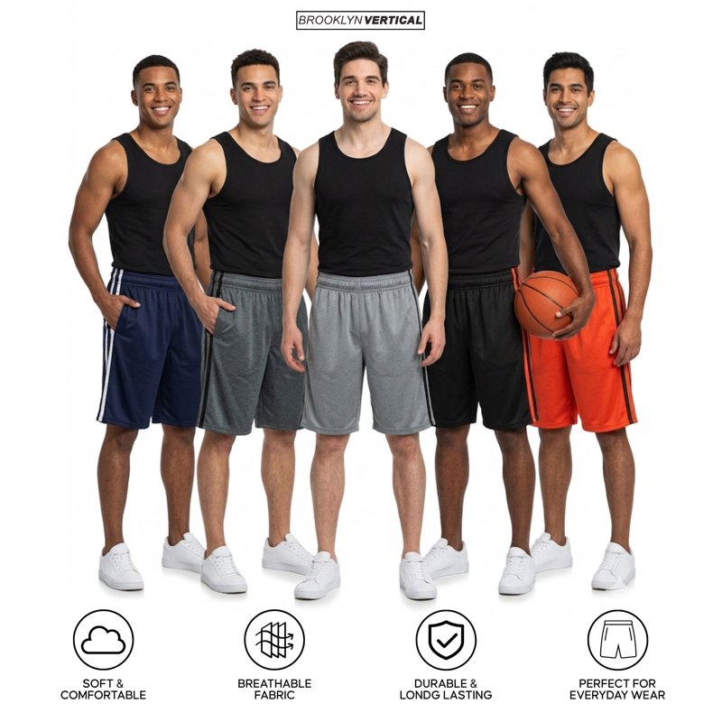 Men's 5-Pack Athletic Basketball Shorts with Pockets & Drawstring - Performance Activewear