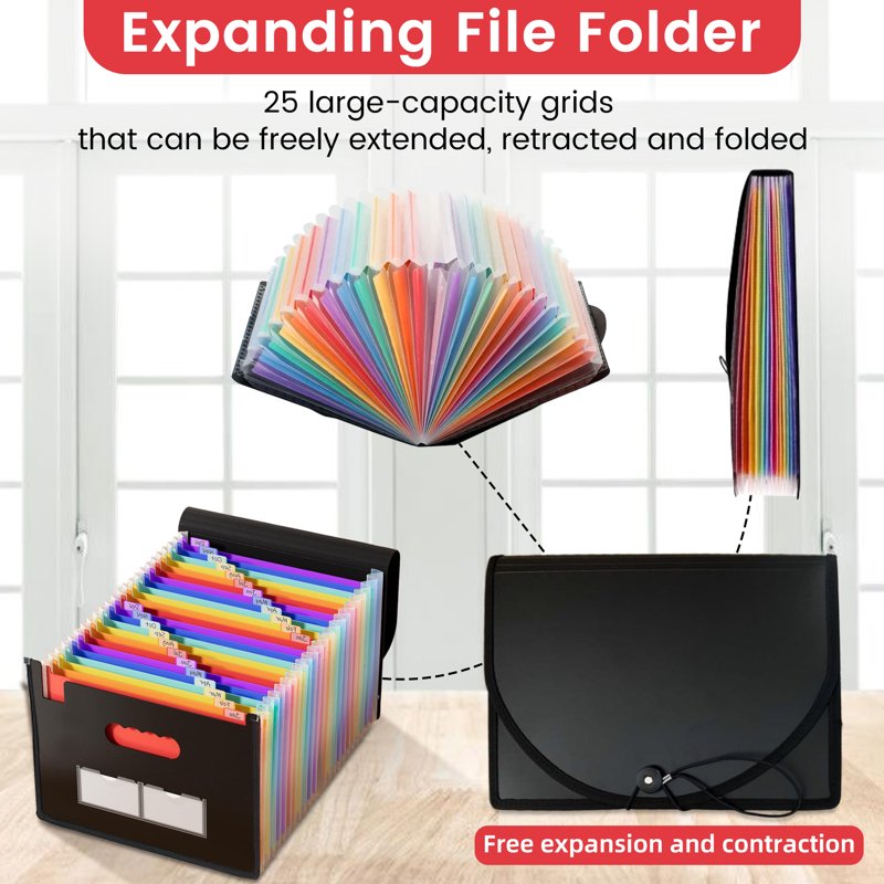 Expanding File Folder with 25 Pockets A-Z Labels Portable Organizers Black