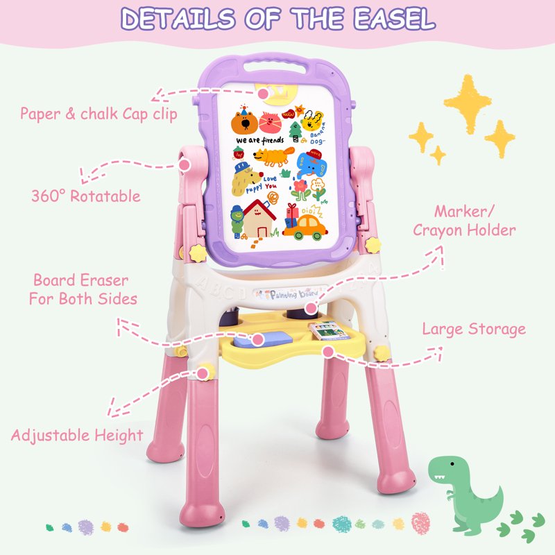 Kids Adjustable Art Easel with Whiteboard & Chalkboard - Toddler Drawing Gift