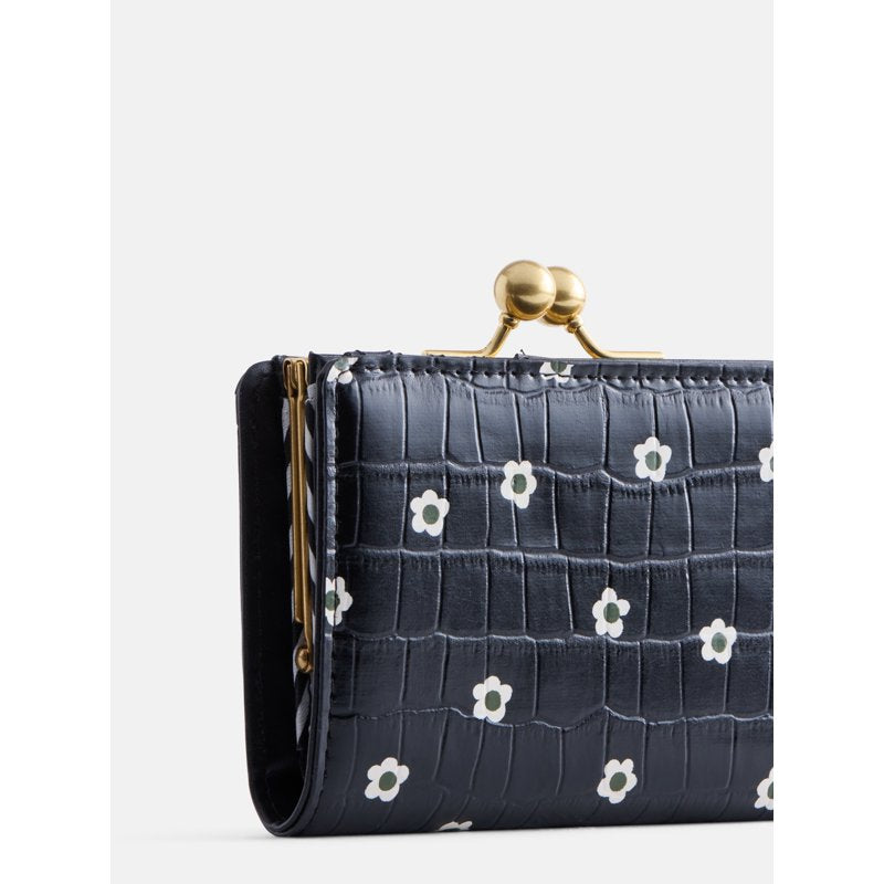 Croco Textured Women's Kiss Lock Wallet with Floral Accents