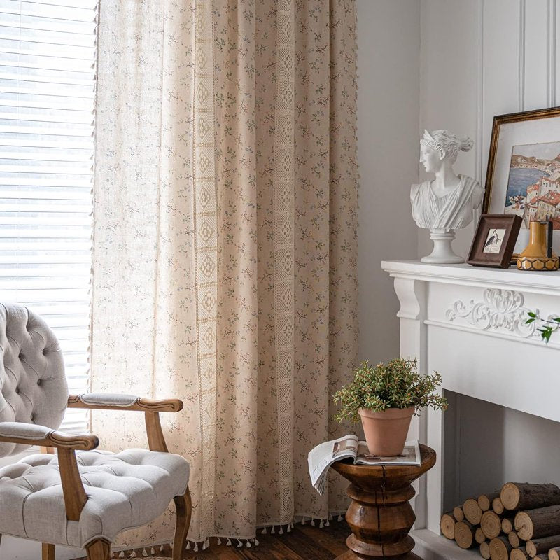 Boho Lace Crochet Curtains for Bedroom & Living Room - Semi-Blackout, Patchwork, Tassel Edge