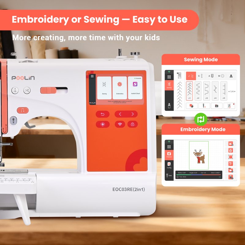 2-in-1 Embroidery and Sewing Machine with Touchscreen, WiFi, 206 Stitches