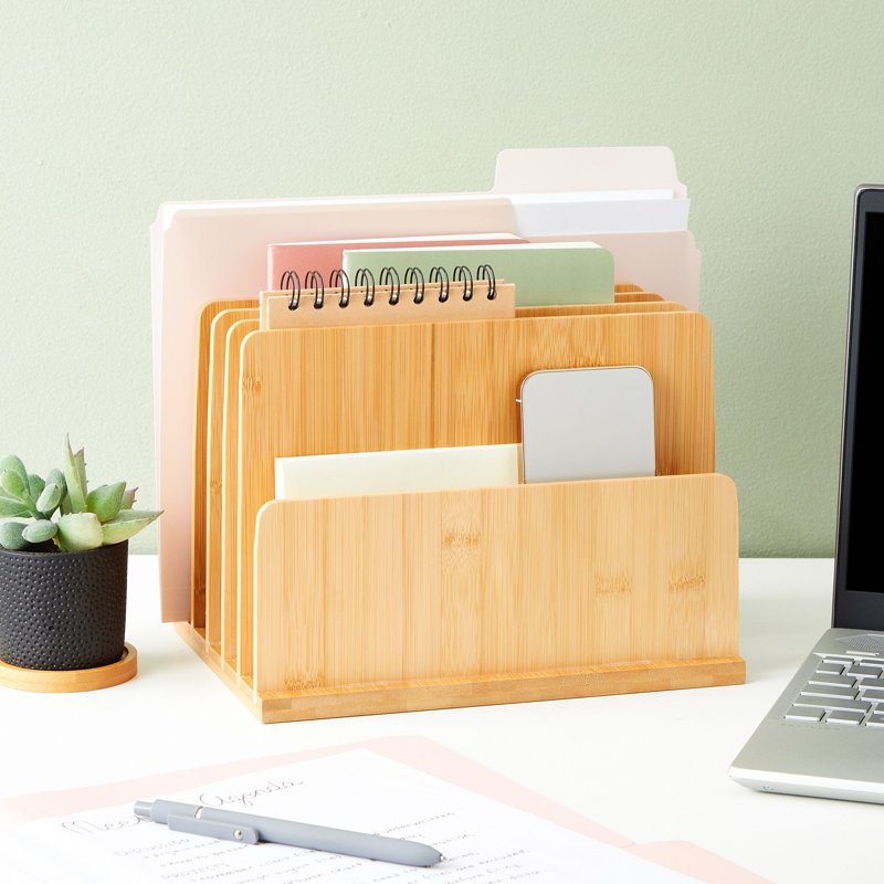 Bamboo Mail Holder with 5 Slots - Desktop File Organizer for Office & Home