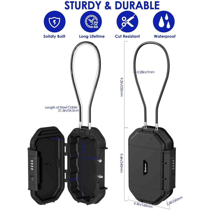 Portable Waterproof Lock Box with 4-Digit Combination and Removable Steel Cable
