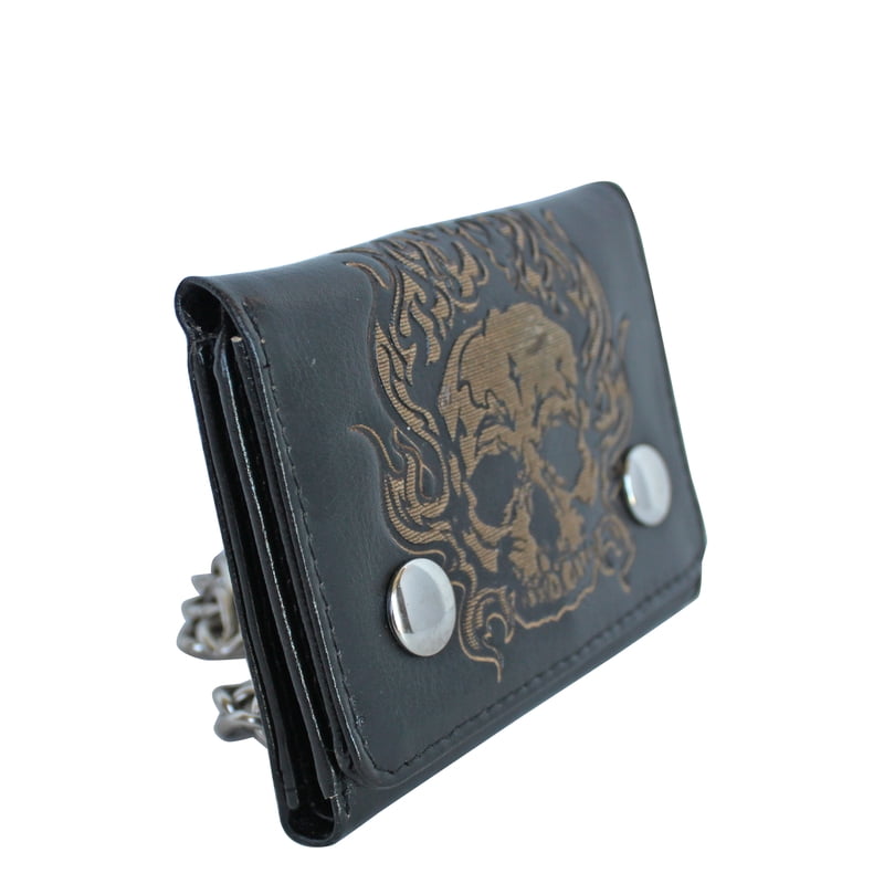 Men's Trifold Chain Wallet with Skull Design and RFID Protection