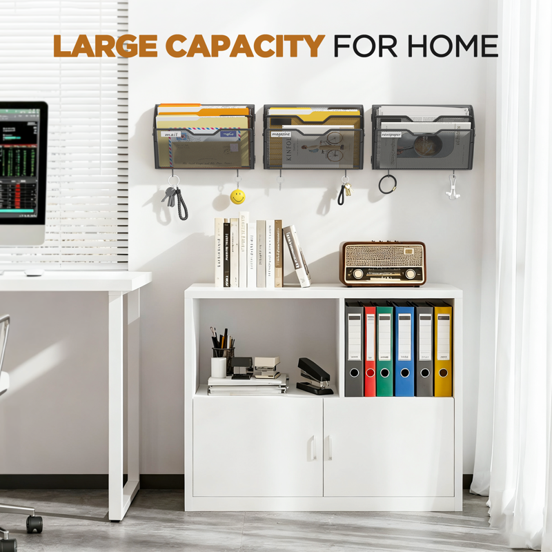 Wall File Organizer with Hooks - Large Capacity Mesh Paper Holder for Office and Home
