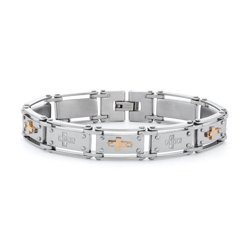 Stainless Steel Gold IP Plated Cross Link Bracelet 8 Inch with CZ Accents