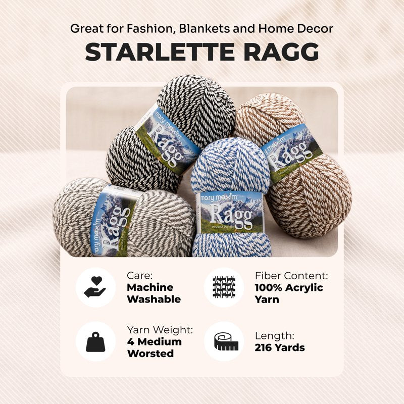 Variegated Ragg Yarn - Wool-Like Striped Acrylic Craft Yarn, 216 Yards