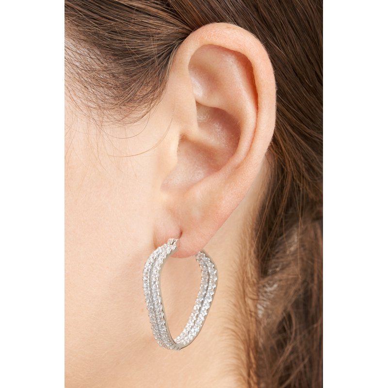 Sterling Silver Platinum Plated Wave Hoop Earrings with CZ Stones