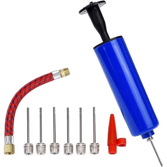 Portable Ball Pump Set with 7 Needles, Air Tube & Nozzle - 8 Inch Blue