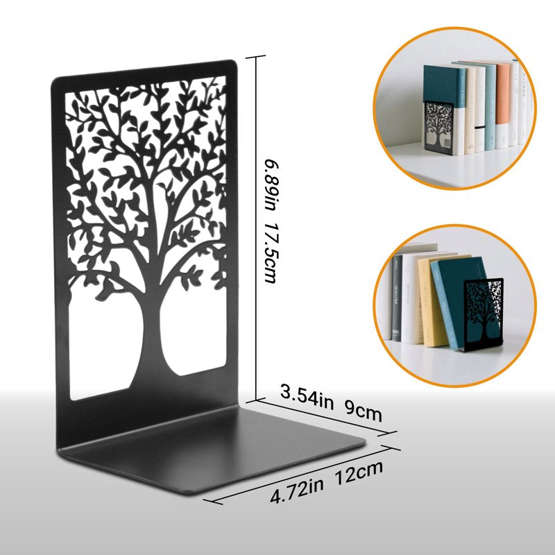 Modern Metal Bookends for Shelves - Tree & Bird Design, Heavy-Duty & Decorative