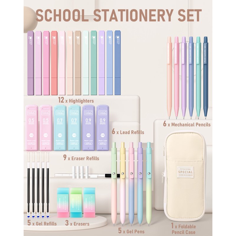 Four Candies Cream 39 PCS Cute Stationery Set with Pen Case – 5 Gel Pens, 12 Pastel Highlighters, 6 Mechanical Pencils