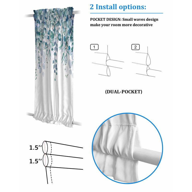 Teal Blue Eucalyptus Leaves Blackout Curtains for French Doors & Windows, Privacy & Light Control, 1 Panel