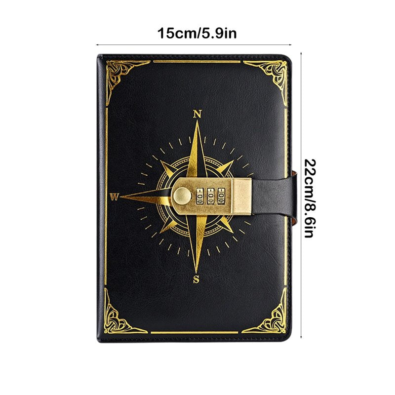 Lockable Diary with Combination Lock & Compass Design - Faux Leather Journal for Secure Writing