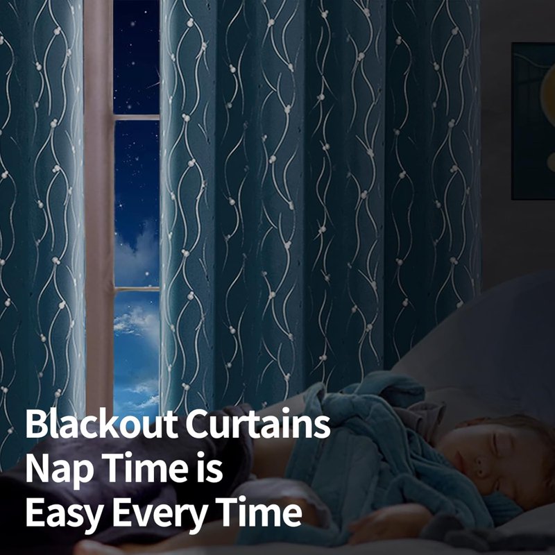 Blackout Room Darkening Curtains Set - Insulated Grommet Window Panels with Wave Dots Pattern