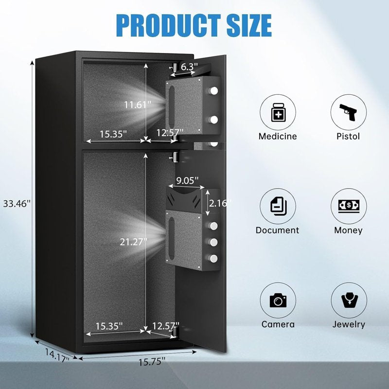 Large Digital Security Safe with Double Doors, Drop Slot, Alloy Steel, LED Light
