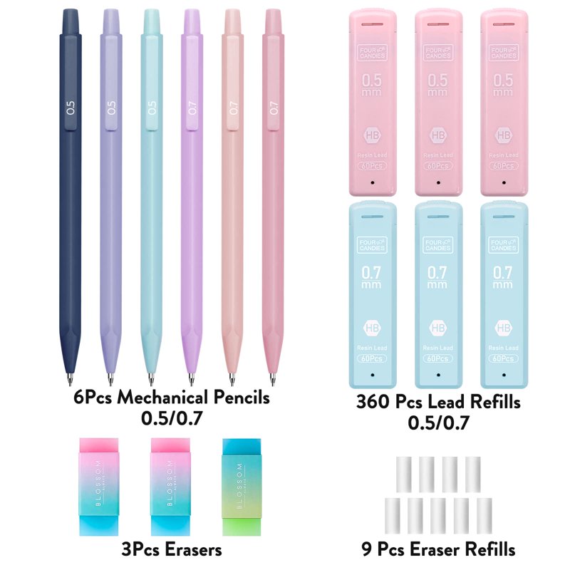 Pastel Mechanical Pencils Set with Lead & Erasers - 6 or 12 Pack for Drawing & Writing
